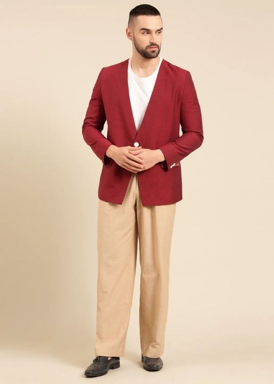 Wine Printed Cotton Blazer - MMJ0159