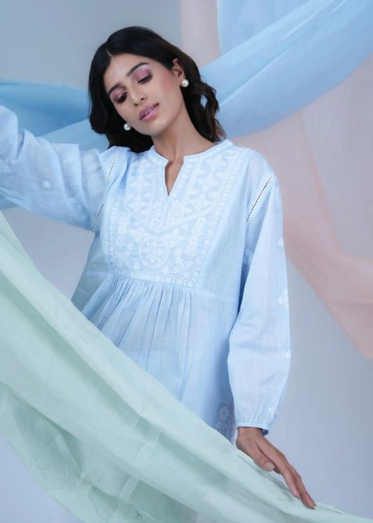 SS 2401 Blue Stripe Embroidered Cotton Top