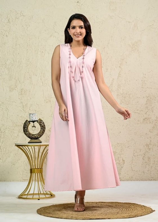 Pink Cotton Poplin Box Pleat Long Dress