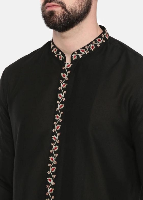 Black Silk Embroidered Kurta set