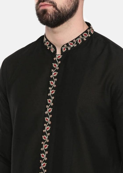 Black Silk Embroidered Kurta set