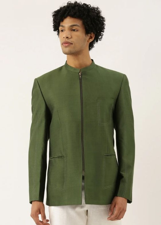 Green Cotton Silk Zipper Jacket- MMJ060