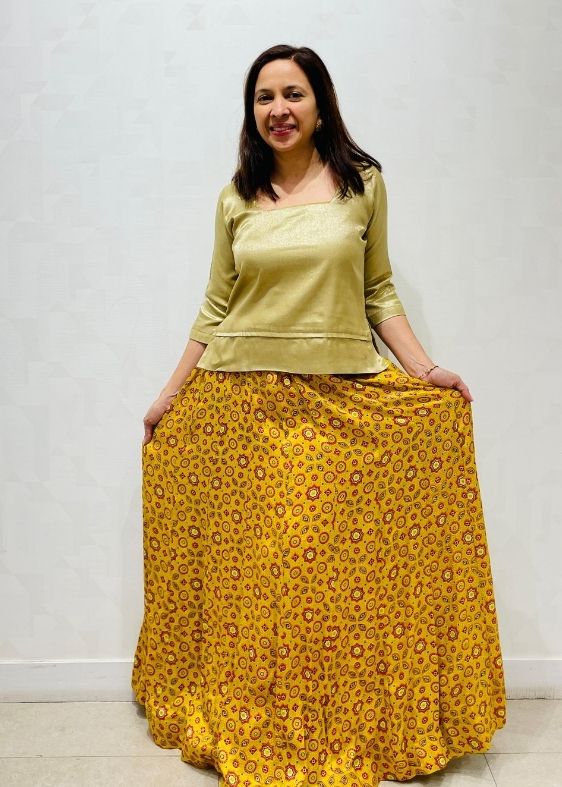 Yellow Ajrakh print Mushroosilk Skirt