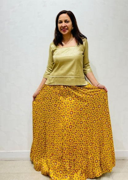Yellow Ajrakh print Mushroosilk Skirt