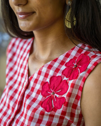 Red Checks Gamcha Flower Sleevless Vest Top