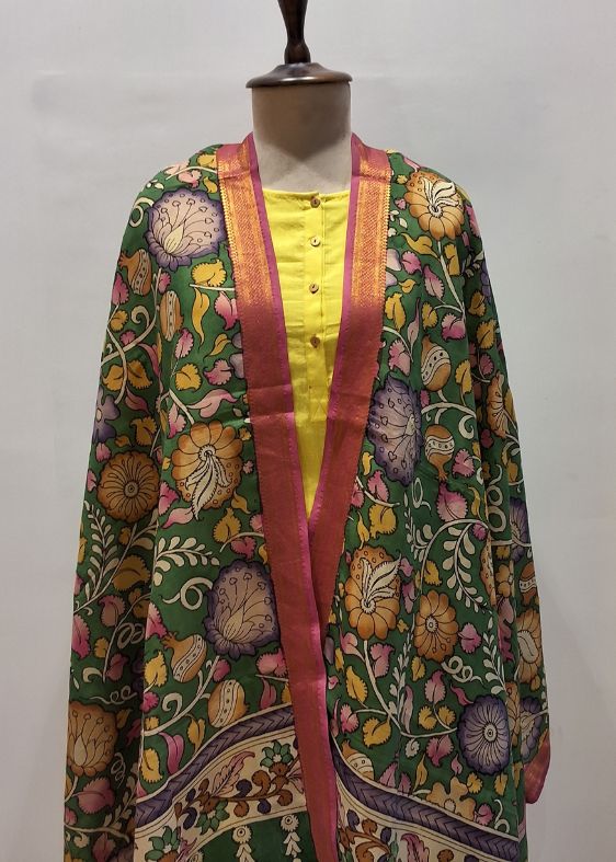 Dark Green Floral Kalamkari Dupatta