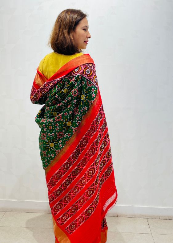 Green and Red Silk Ikat Saree