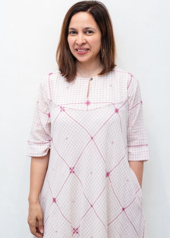 White and Pink Checks Jamdani Cotton Dress