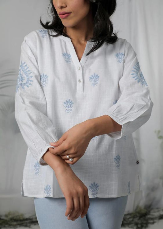 White Blue Embroidery Top- SS 2516
