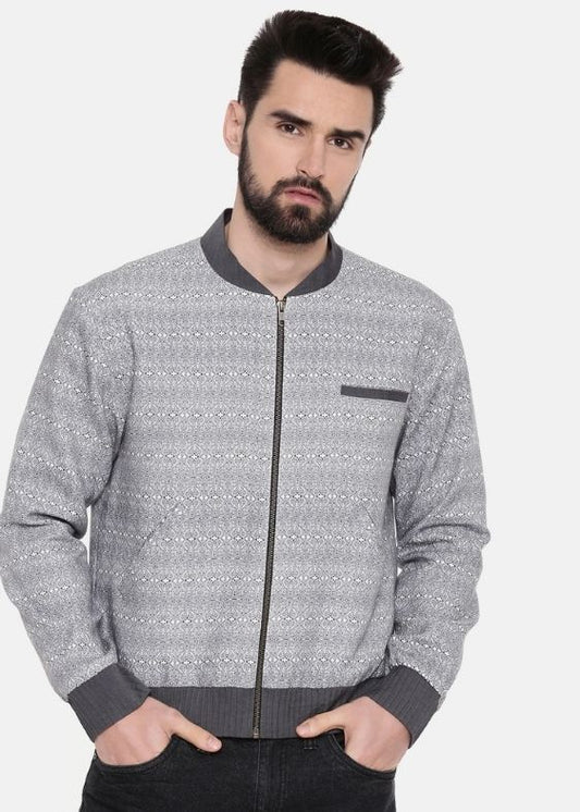 Grey Linen printed bomber jacket