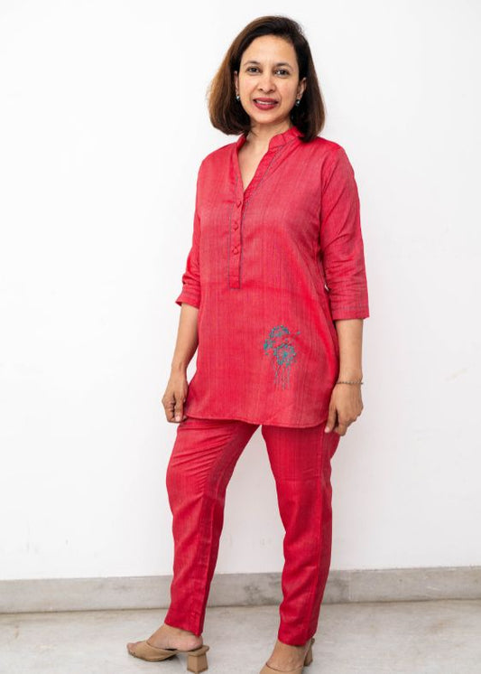 Red Flower Spring Tussar Cotton Tunic
