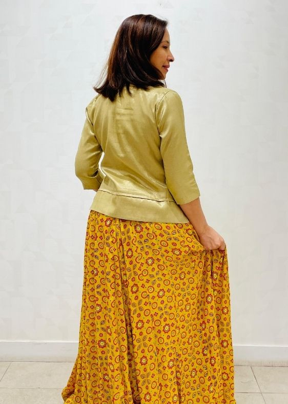 Yellow Ajrakh print Mushroosilk Skirt