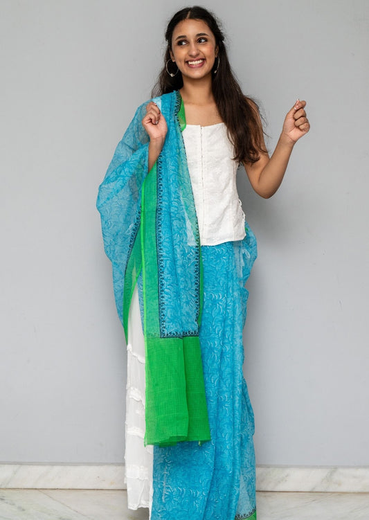 Blue Printed Kota Cotton Saree