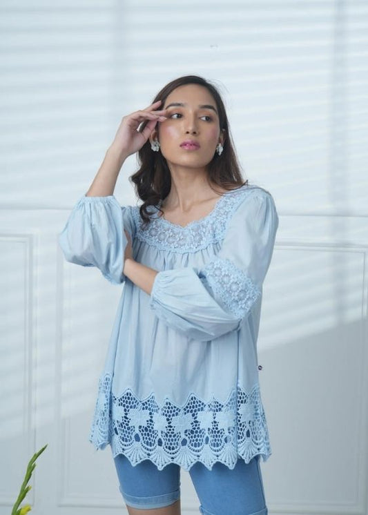 SS 2350 Blue stripe Embroidered Cotton Top