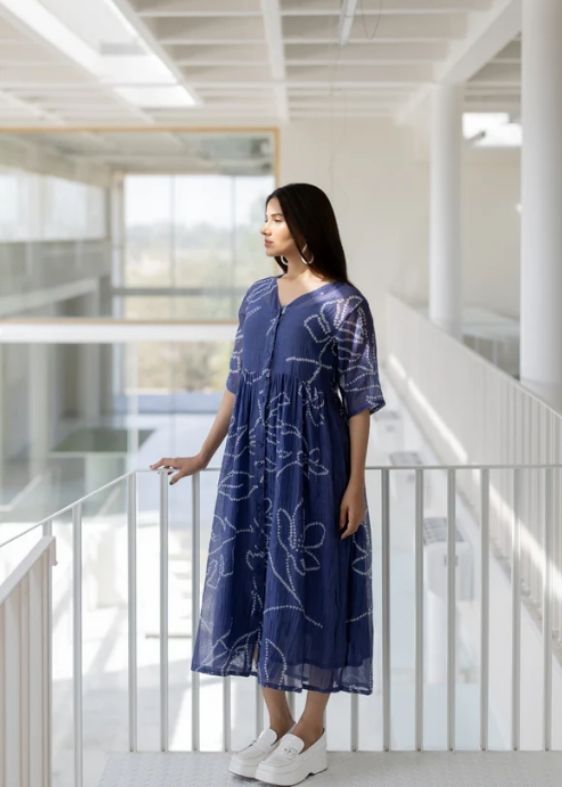 Blue Wild Flower Bandhej Dress