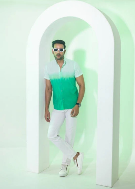 Nehru Collar Ombre Half Sleeve Cotton Shirt- Sea Green