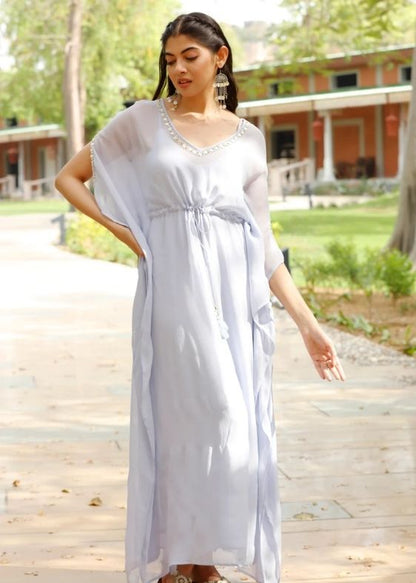 Light Blue Long Geogrette Hand Embroidered Kaftan