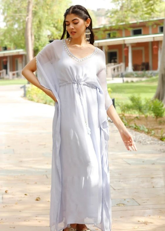 Light Blue Long Geogrette Hand Embroidered Kaftan