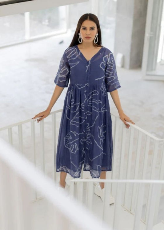 Blue Wild Flower Bandhej Dress