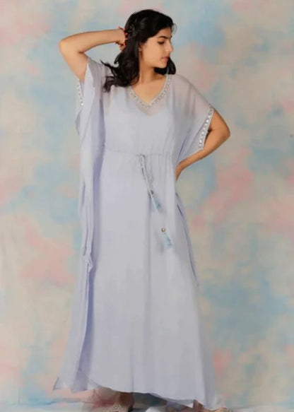 Light Blue Long Geogrette Hand Embroidered Kaftan