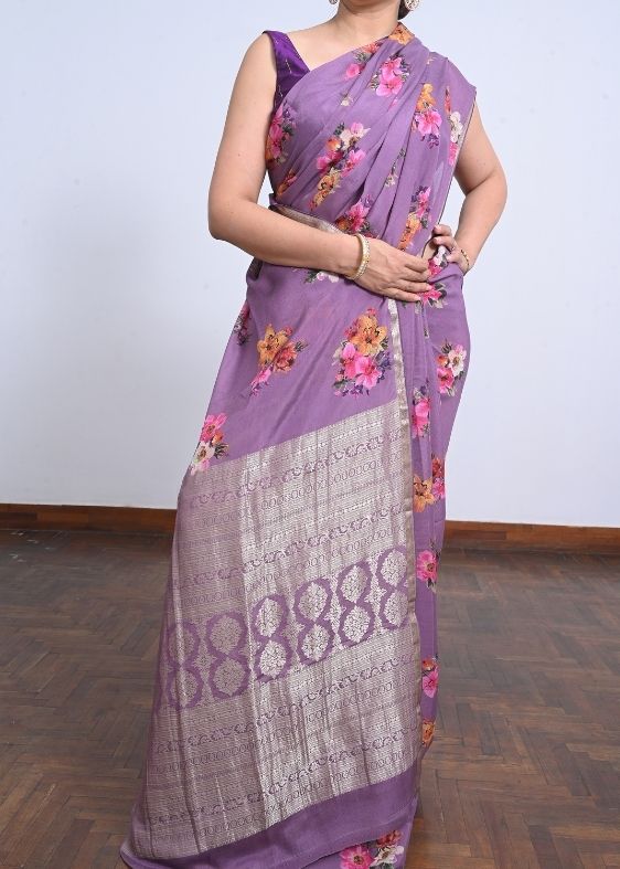 Lavender Floral Printed Crepe Silk Sari