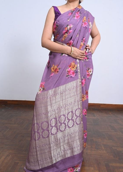 Lavender Floral Printed Crepe Silk Sari