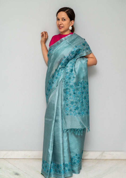 Blue Embroidery Woven Tussar Silk Saree