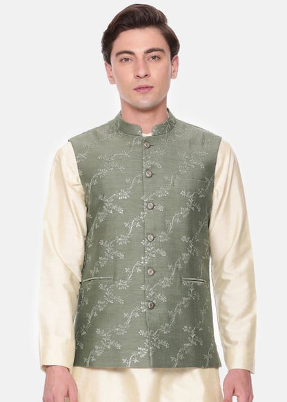 Green Chanderi Embroidered Jacket
