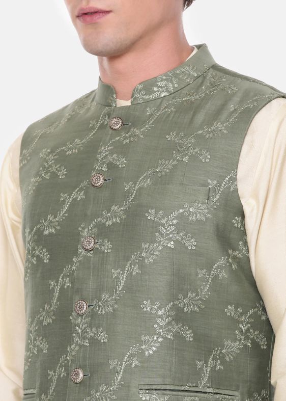 Green Chanderi Embroidered Jacket