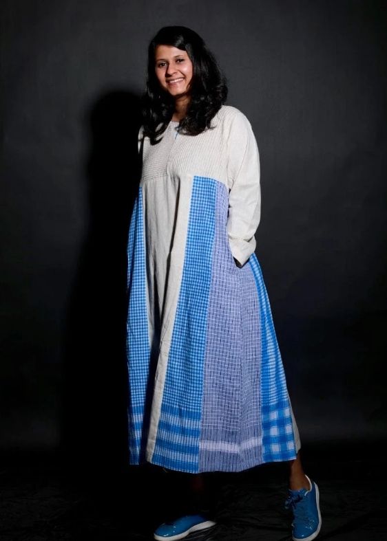 Side Panelled Big Book Dress ( White & Blue )