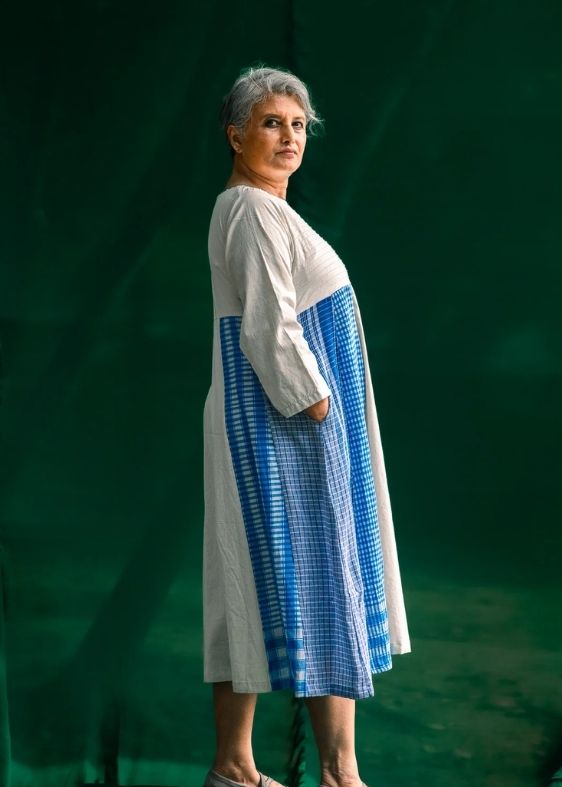 Side Panelled Big Book Dress ( White & Blue )
