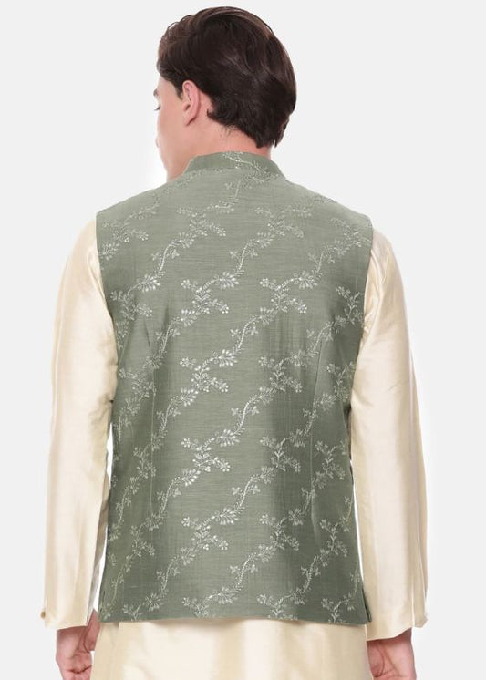 Green Chanderi Embroidered Jacket