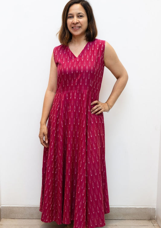 Pink Prints Fit Flair Sleeveless Cotton Dress