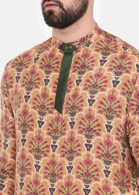 Musling Beige Printed Kurta Set
