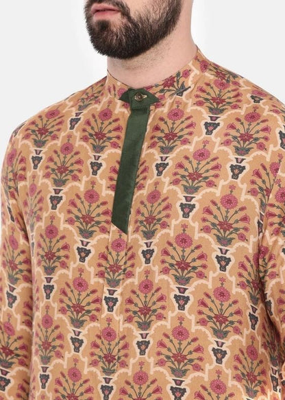 Musling Beige Printed Kurta Set