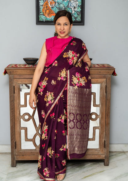 Purple Floral Printed Crepe Silk Saree
