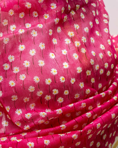 Pink Silk Cotton White Floral Print Dupatta