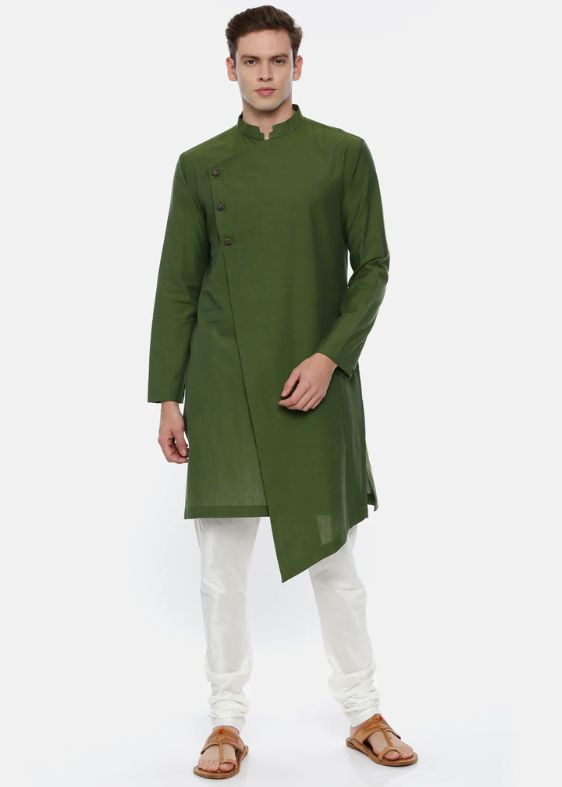 Green Cotton Asymetric Kurta - MMK0347