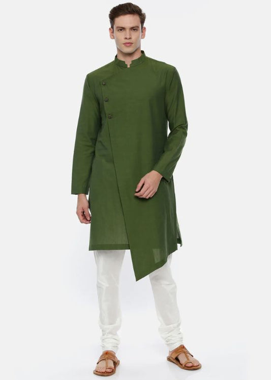 Green Cotton Asymetric Kurta - MMK0347