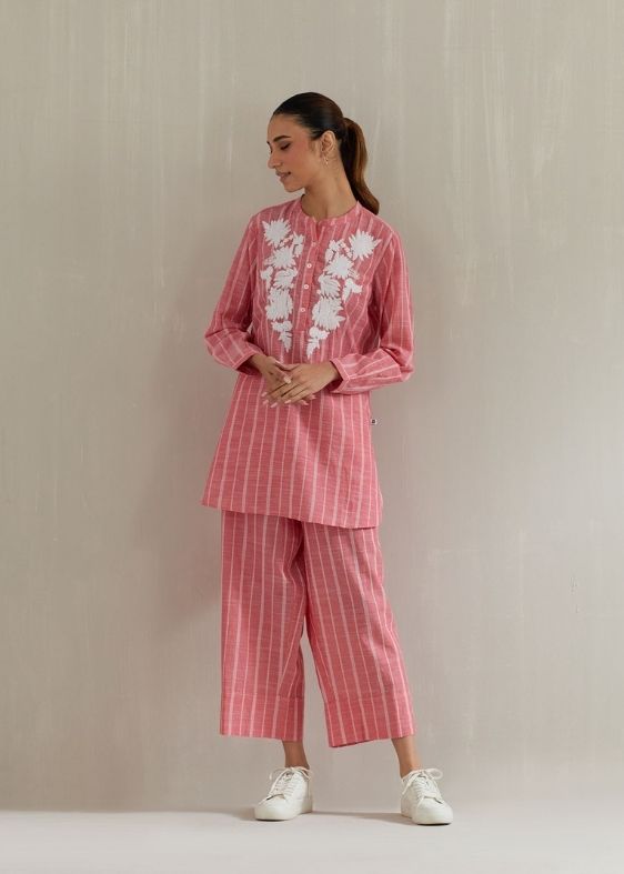 Pink stripes embroidery cotton tunic