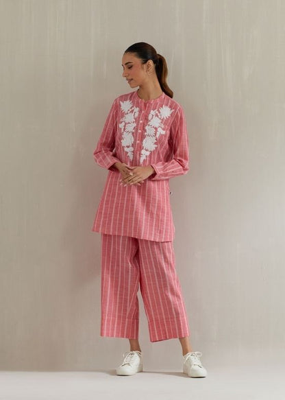 Pink stripes embroidery cotton tunic