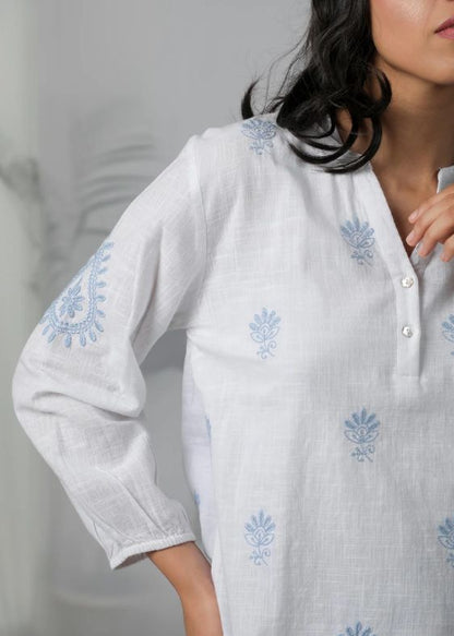 White Blue Embroidery Top- SS 2516