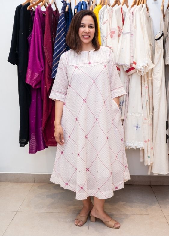 White and Pink Checks Jamdani Cotton Dress