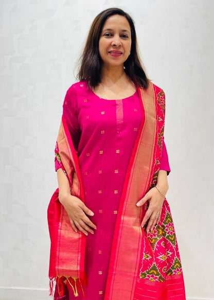 Pink silk zari ikat dupatta