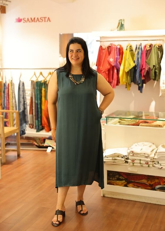 Bottle Green With Blue Belt Sleeveless Modal Silk Dress - samasta.in #