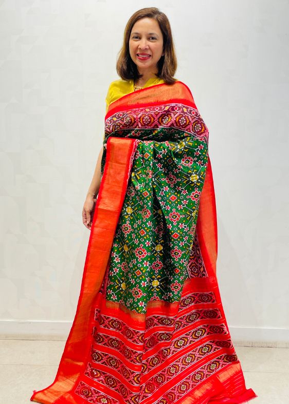 Green and Red Silk Ikat Saree