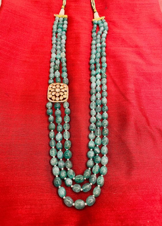 Teel Green Pearls with white stone pendent three layers chain