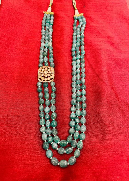 Teel Green Pearls with white stone pendent three layers chain