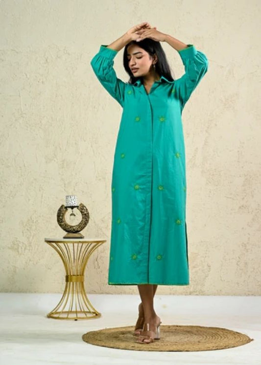 Green Long Embroidery shirt dress