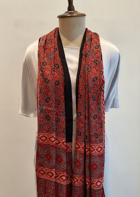 Maroon and Blue Ajrakh Print Modal Silk Stole
